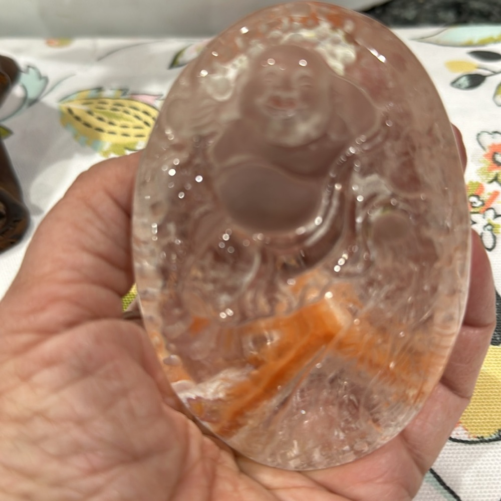 Rare Rabbit hair carved crystal quartz Buddha stone on stand - Picture 9 of 14